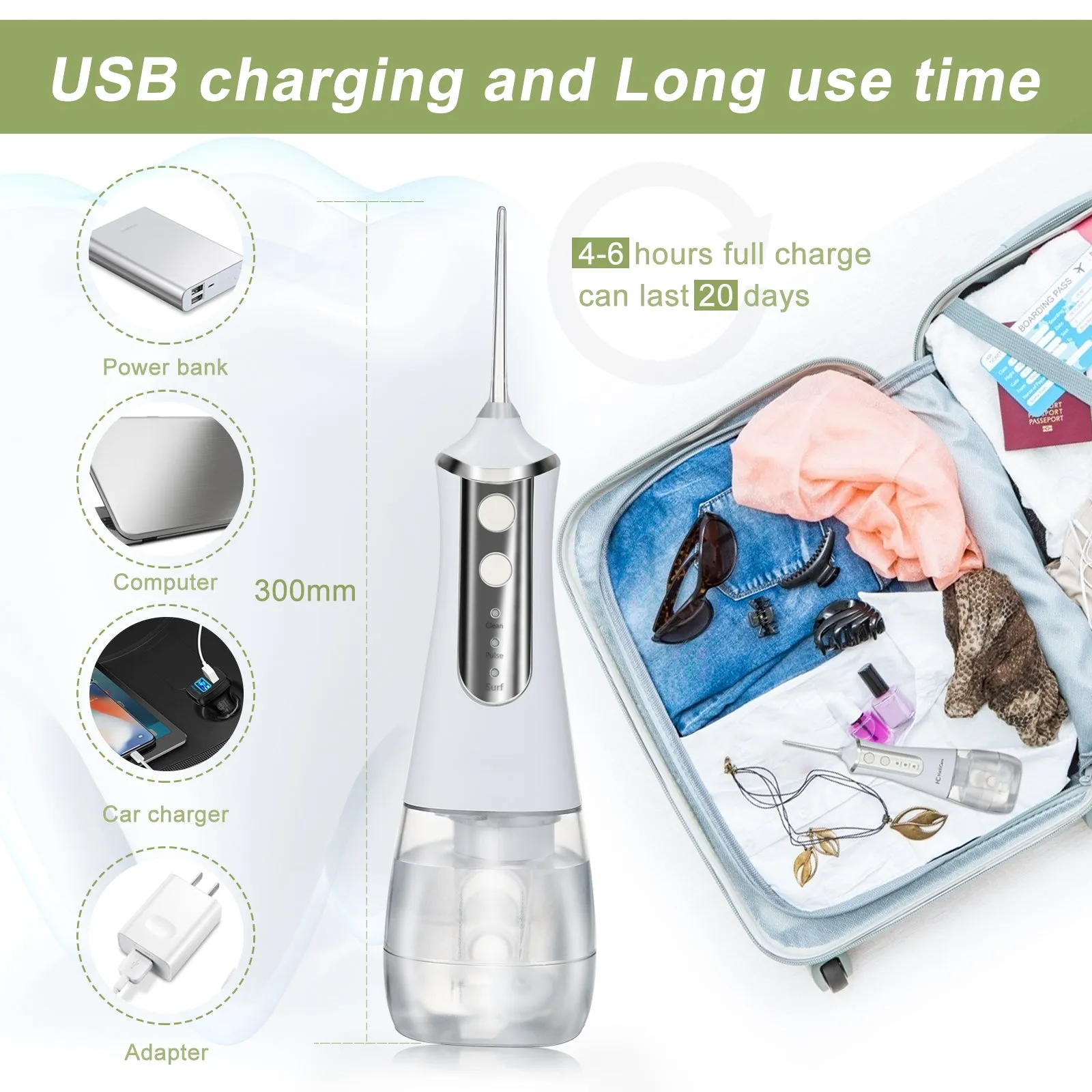 3 Modes Oral Irrigator USB Rechargeable Water Floss Portable Dental Water Flosser Jet 350ml Irrigator Dental Teeth Cleaner 5 Jet