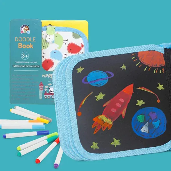 Double-Sided Doodle Drawing Writing Book with 2 Wipes & 6 Colorful Markers