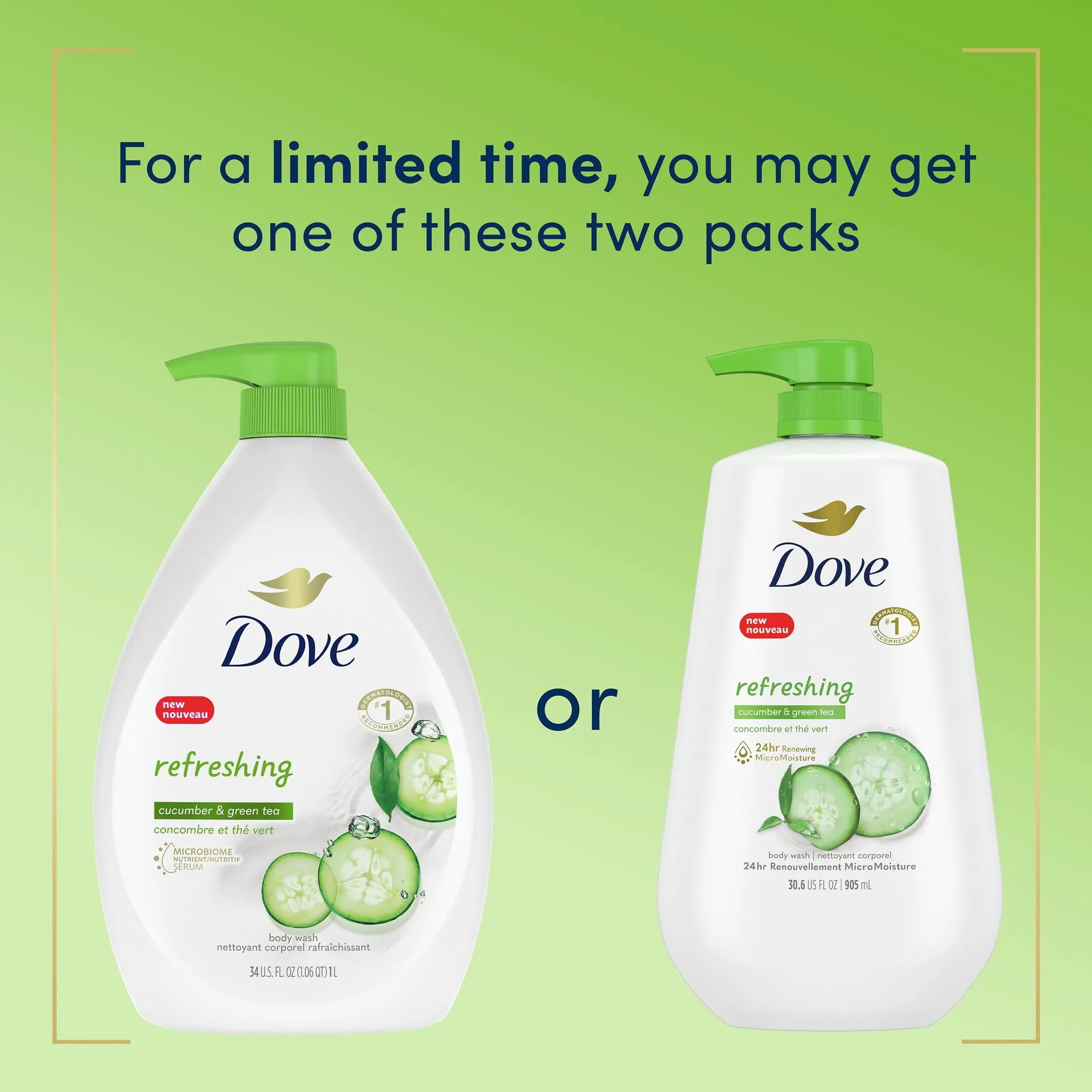 Dove Refreshing Long Lasting Gentle Body Wash, Cucumber and Green Tea, 30.6 fl oz