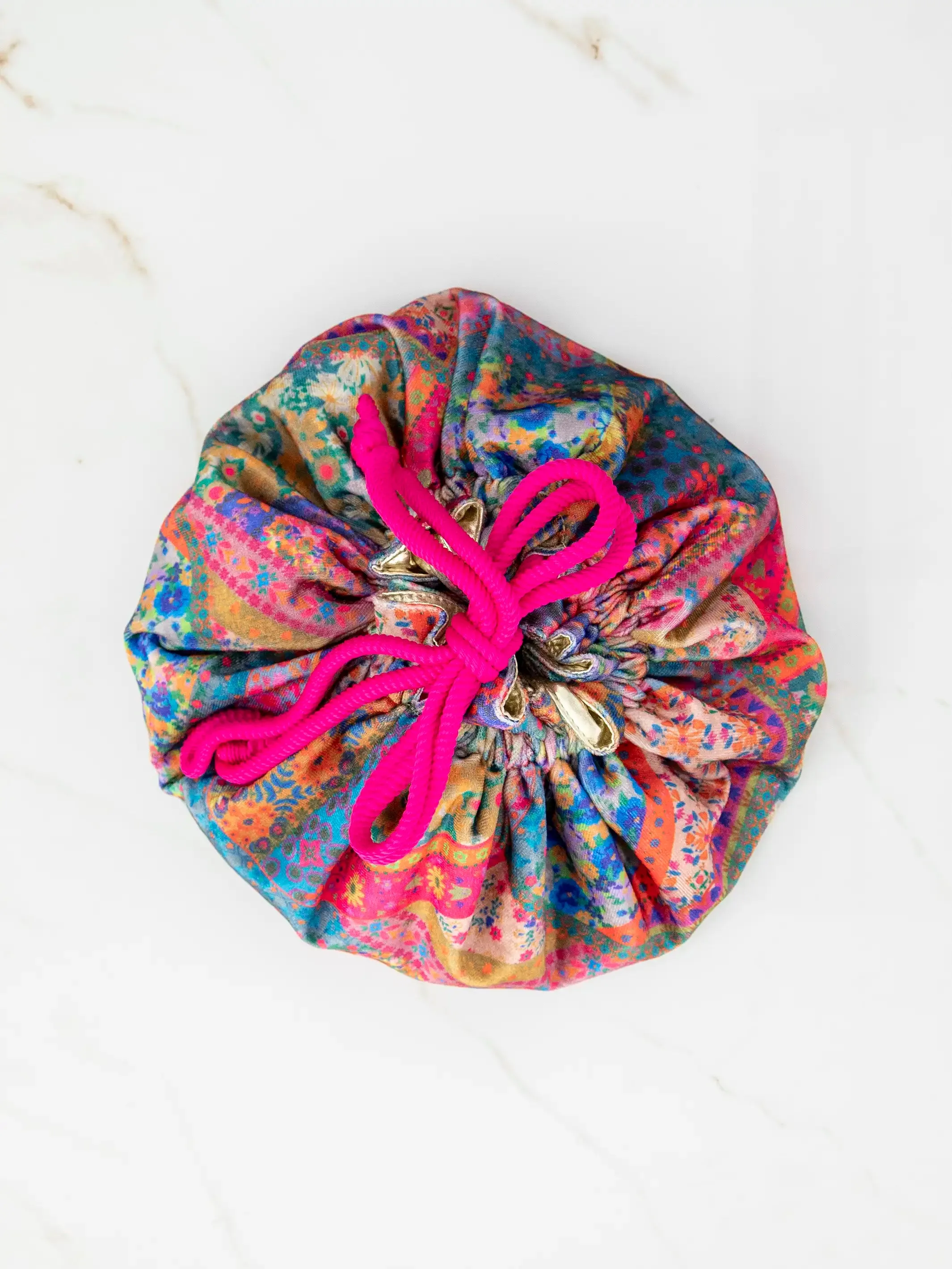 Drawstring Velvet Cosmetic Pouch - Folk Flower