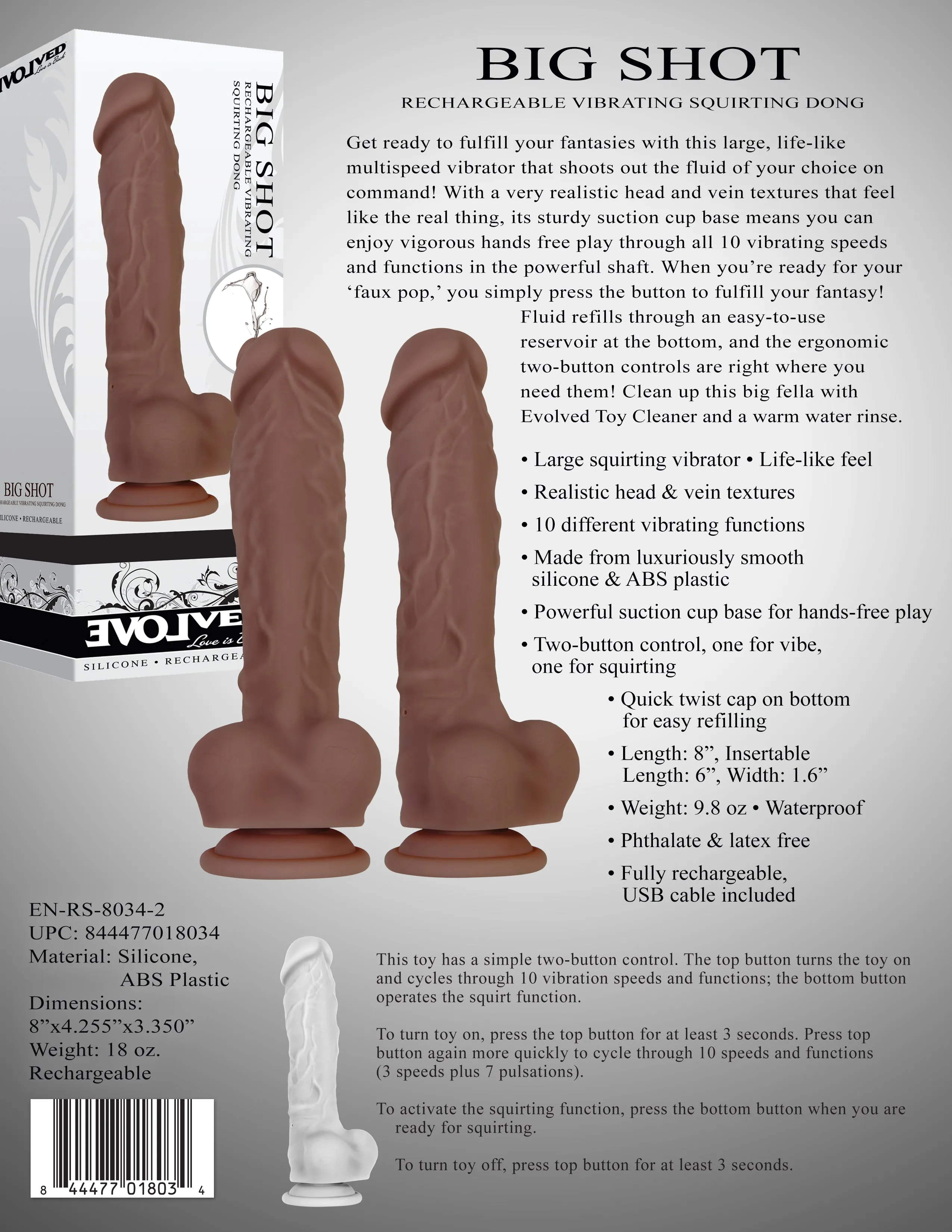 Evolved Big Shot - Brown - Brown 20.3 cm (8'') USB Rechargeable Squirting Dong