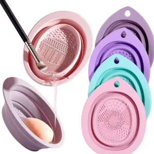 Foldable Silicone Makeup Brush Cleaner Bowl  Makeup Cleaning Brush Scrubber Mat Portable Washing Tool Cosmetic Brush Cleaner