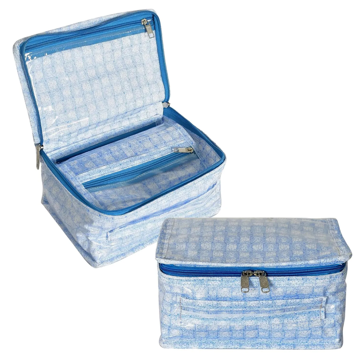 Kuber Industries Jewellery Kit | Check Design Vanity Box for woman | Laminated Jewellery Kit for woman | Jewellery Kit with 8 Transparent Pouch | Pack of 2 | Blue