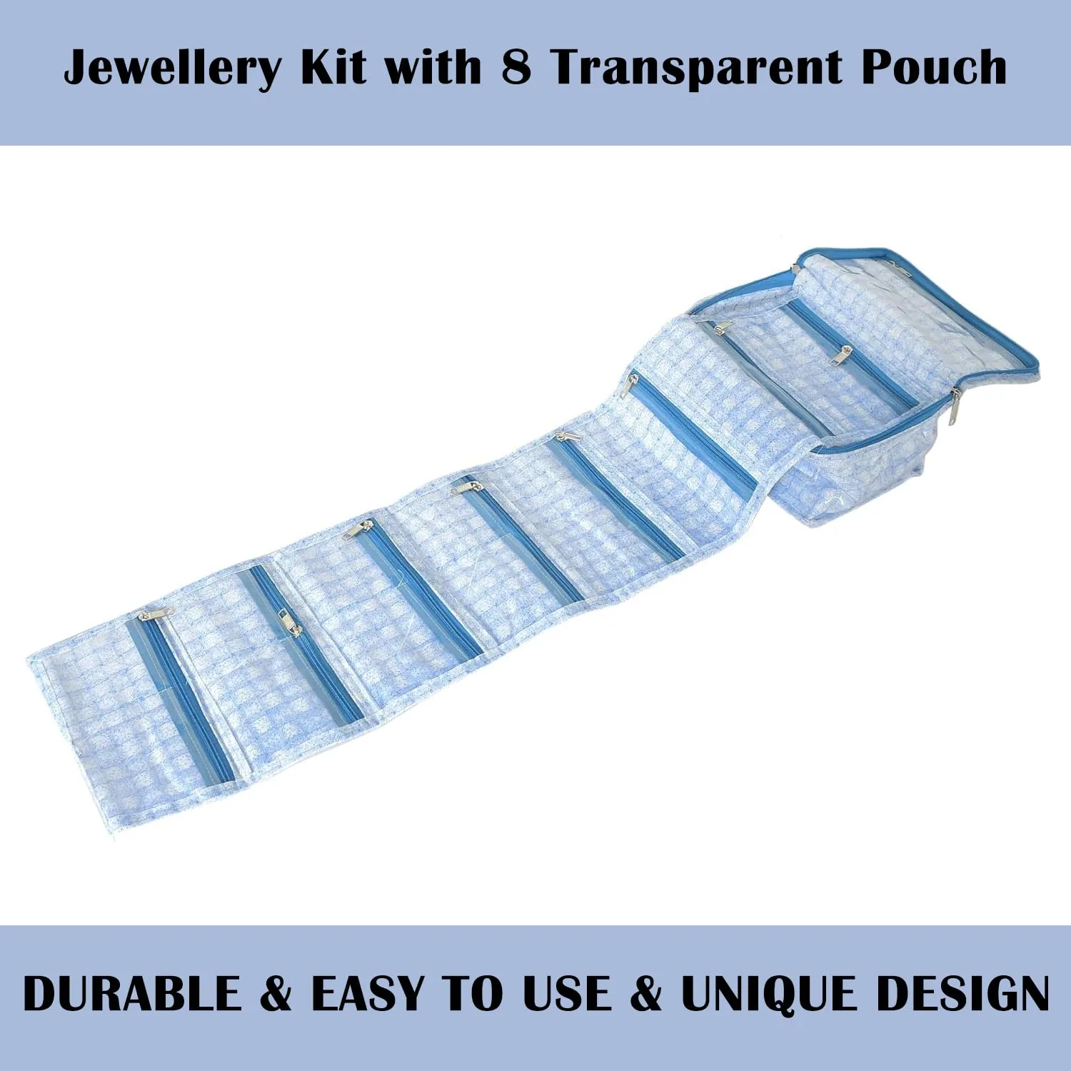 Kuber Industries Jewellery Kit | Check Design Vanity Box for woman | Laminated Jewellery Kit for woman | Jewellery Kit with 8 Transparent Pouch | Pack of 2 | Blue