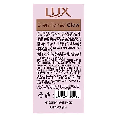 Lux Even-Toned Glow Bathing Soap infused with Vitamin C & E For Superior Glow Offer Pack of 8 x 150g