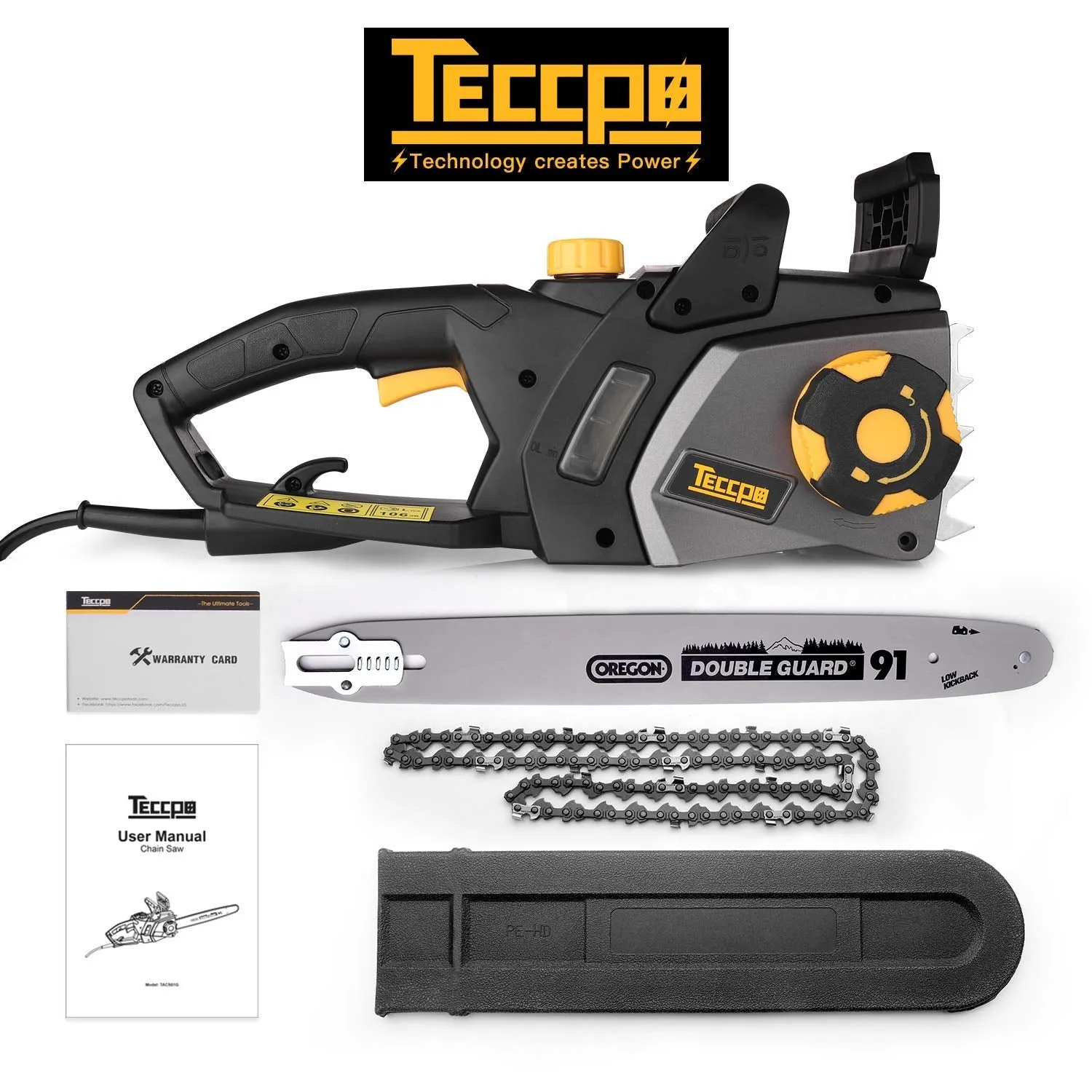 TECCPO 2400W Corded Chainsaw, 40 cm Oregon Bar and Chain, Chain Speed 15m/s, Tool-Free Adjustment Chain Tension, Double Safety Switch and Mechanical Brake - TACS01G