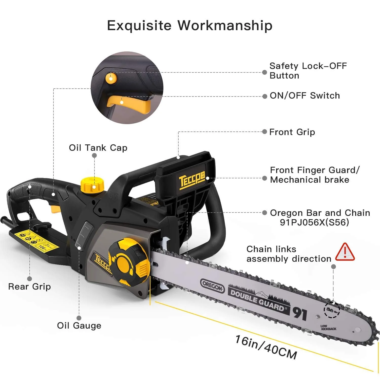 TECCPO 2400W Corded Chainsaw, 40 cm Oregon Bar and Chain, Chain Speed 15m/s, Tool-Free Adjustment Chain Tension, Double Safety Switch and Mechanical Brake - TACS01G