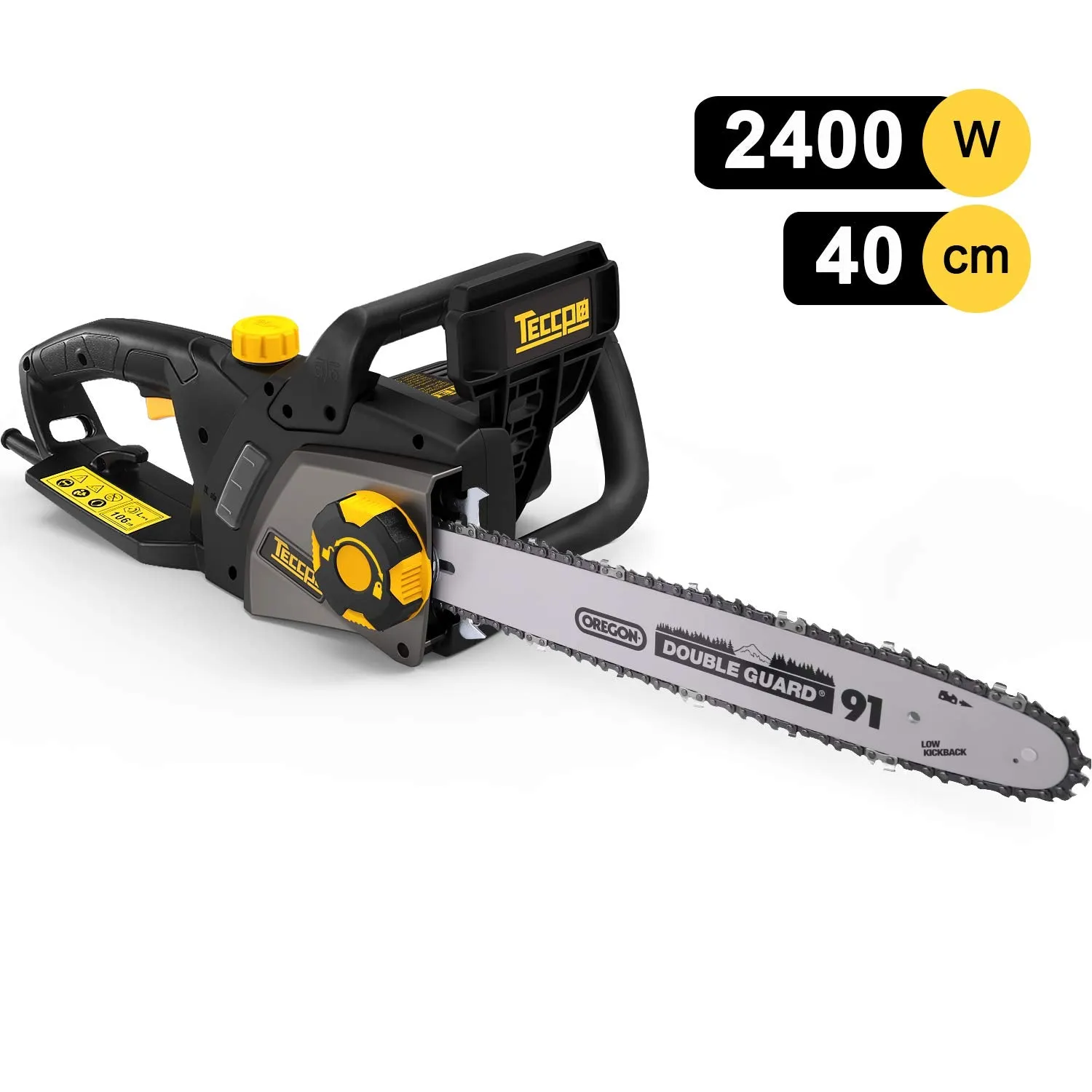 TECCPO 2400W Corded Chainsaw, 40 cm Oregon Bar and Chain, Chain Speed 15m/s, Tool-Free Adjustment Chain Tension, Double Safety Switch and Mechanical Brake - TACS01G