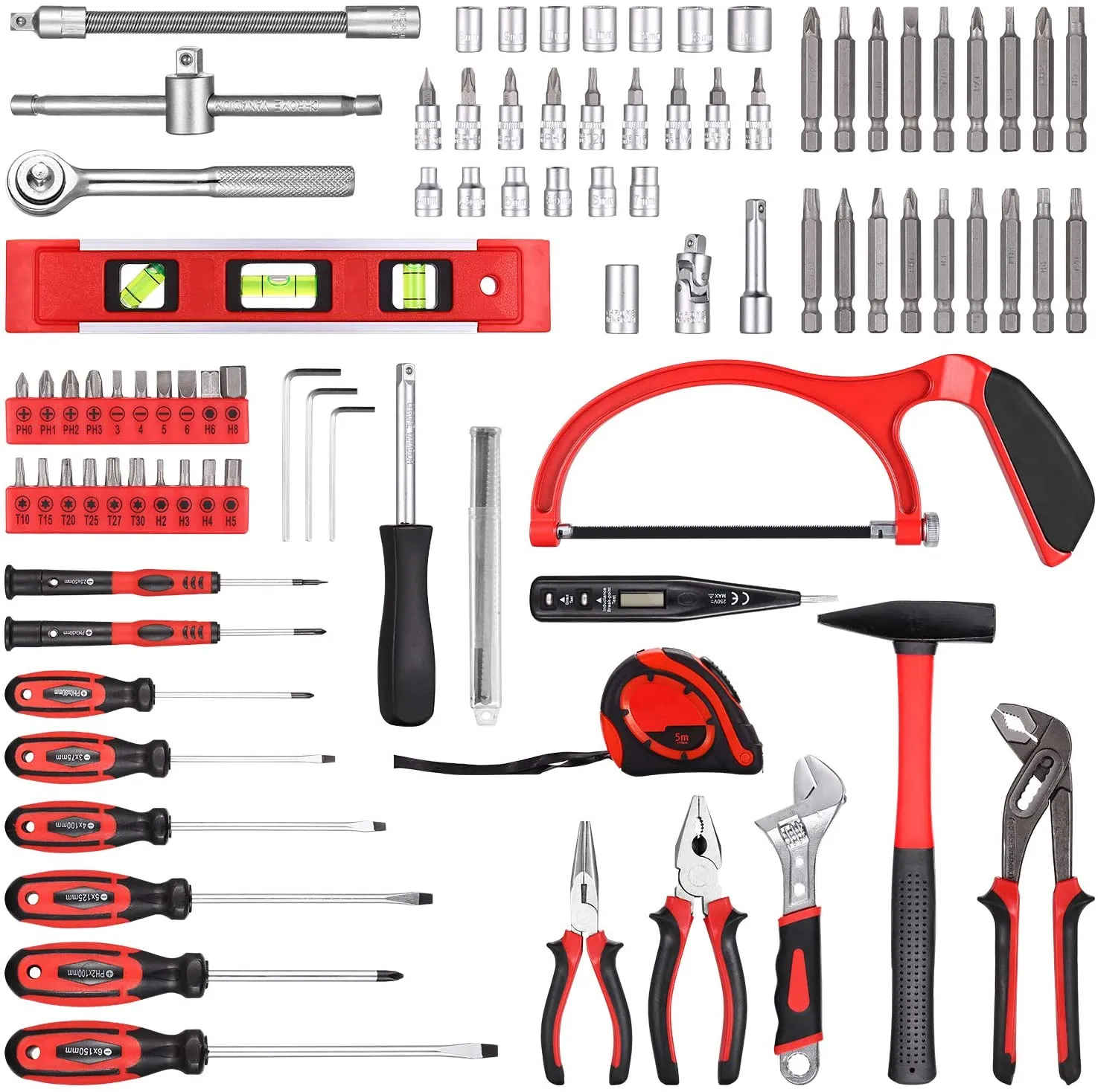 TECCPO Tool Set,  89PCS Household Tool Kit, Hand Tool Kit with Hammer, Wrenches, Precision Screwdriver Set, Pliers, Flex Shaft, Acccessories and Toolbox - MTH200